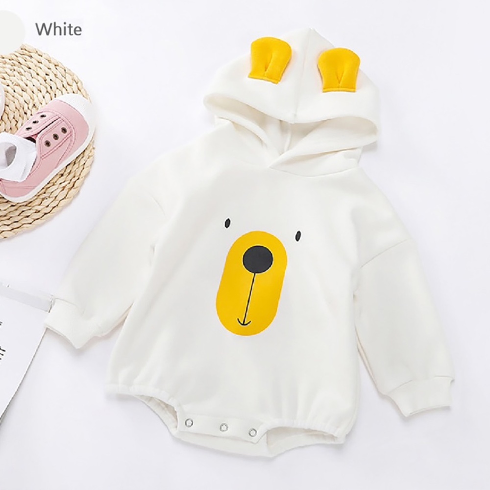 Bear Face Printed Hoodie Baby Romper White